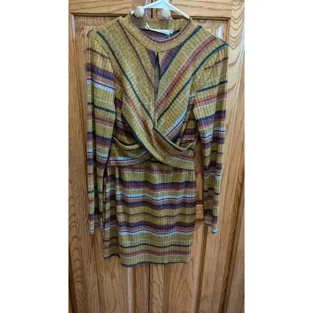 Women's ribbed striped sweater dress with keyhole front by Available size L